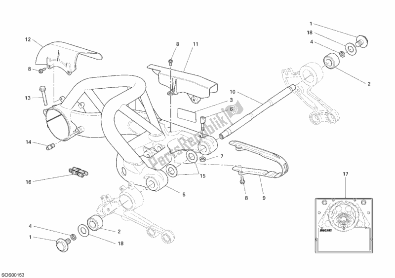 All parts for the Swing Arm of the Ducati Monster S2R 1000 USA 2008